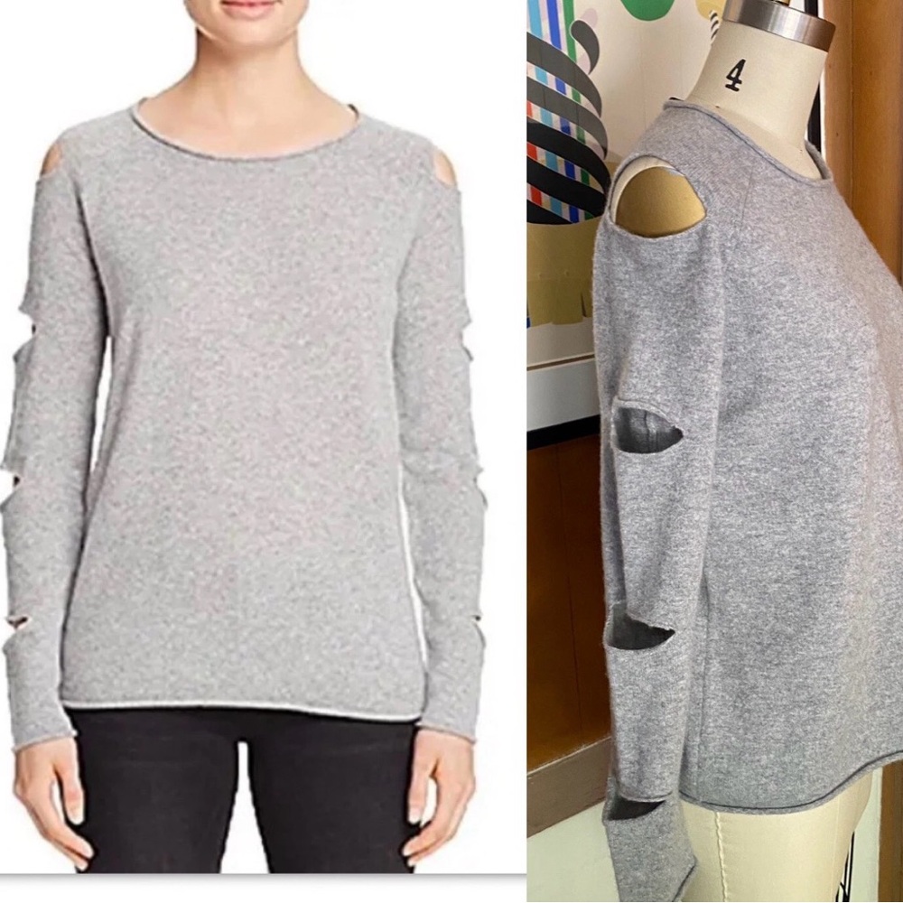 Aqua Sweater 100% Cashmere Women Sz Small Cutout Slit Sleeves Gray color pull on